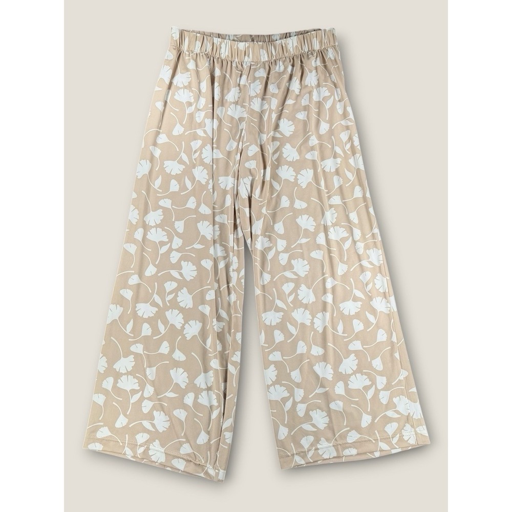 La Mer Luxe Palazzo Pants Medium Beige Ginkgo Leaf Wide Leg Lounge Pajama